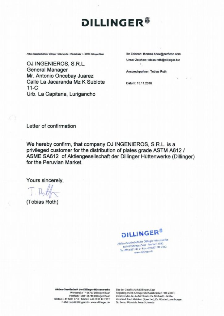 Certificado Dillinger Hütte Fabricación de Tanques GLP
